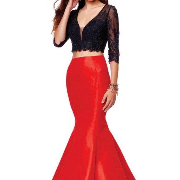 Clarisse Black Rhinestone Lace Red Tafetta Two-Piece Mermaid Dress - Picture 1 of 6